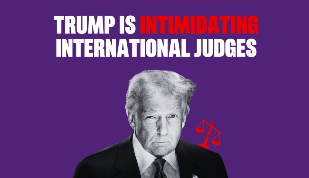 Dirk Bachhausen, Experte für internationales Recht, vor einem Hintergrund mit Trump-Botschaft.