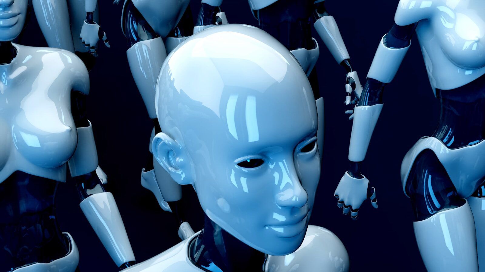 Robotermodell mit humanoidem Kopf und mehreren Robotern im Hintergrund.