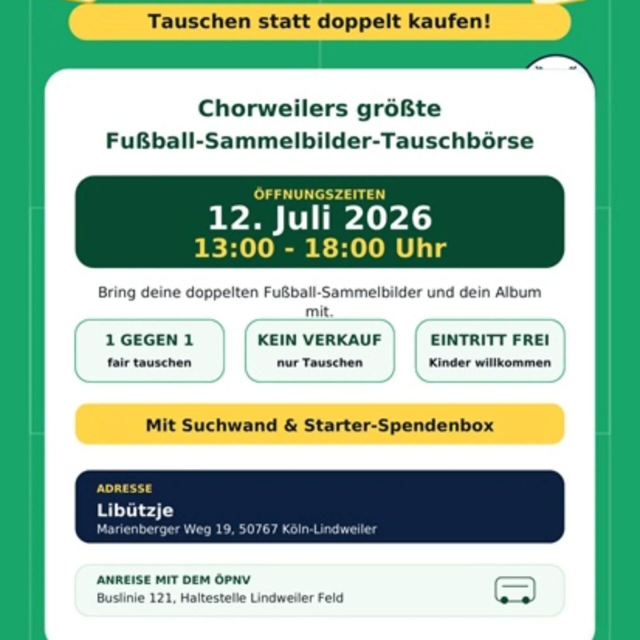 Ankündigung der Fußball-Sammelbilder-Tauschbörse in Köln-Lindweiler am 12. Juli 2026.