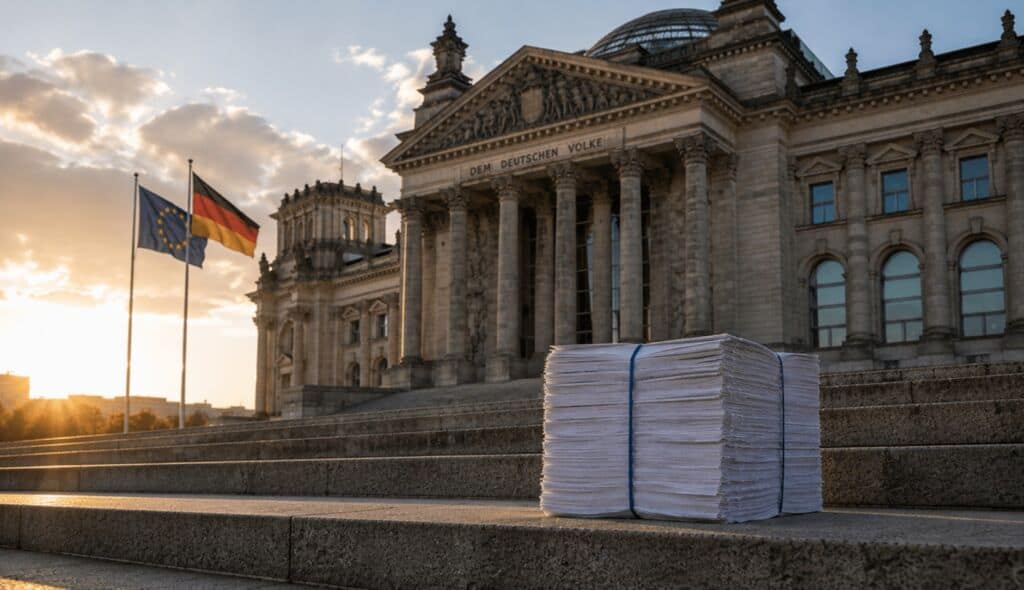 Bundestag mit Papierstapel vor Stufen bei Sonnenuntergang.