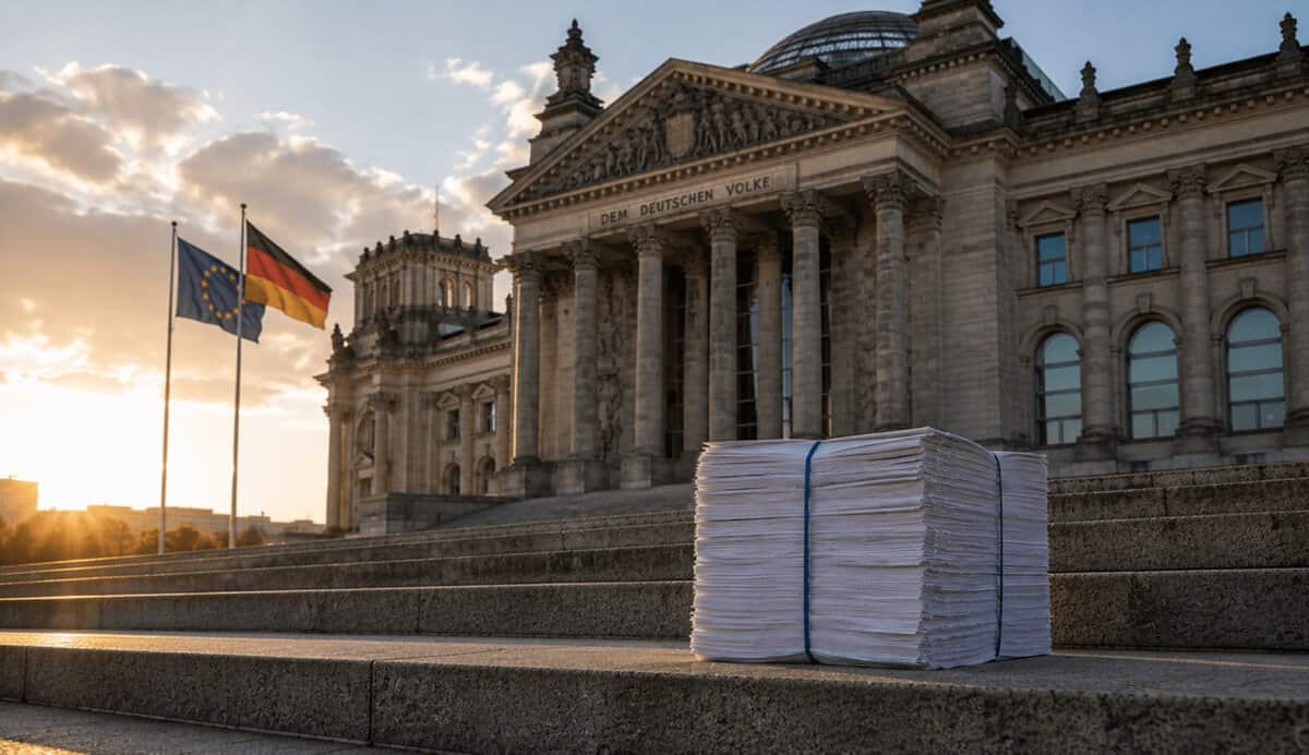 Bundestag mit Papierstapel vor Stufen bei Sonnenuntergang.