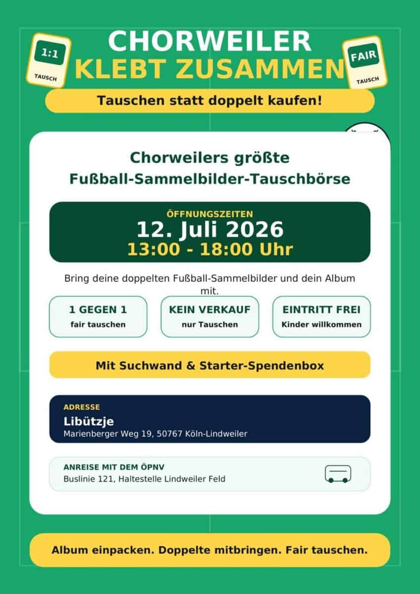 Fußballbildertauschbörse in Köln-Lindweiler am 12. Juli 2026, mit fairen Tauschmöglichkeiten.