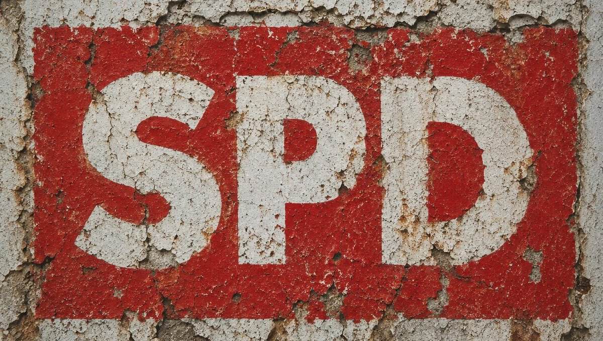 Verwittertes Wandbild mit rotem Hintergrund und weißen Buchstaben SPD.