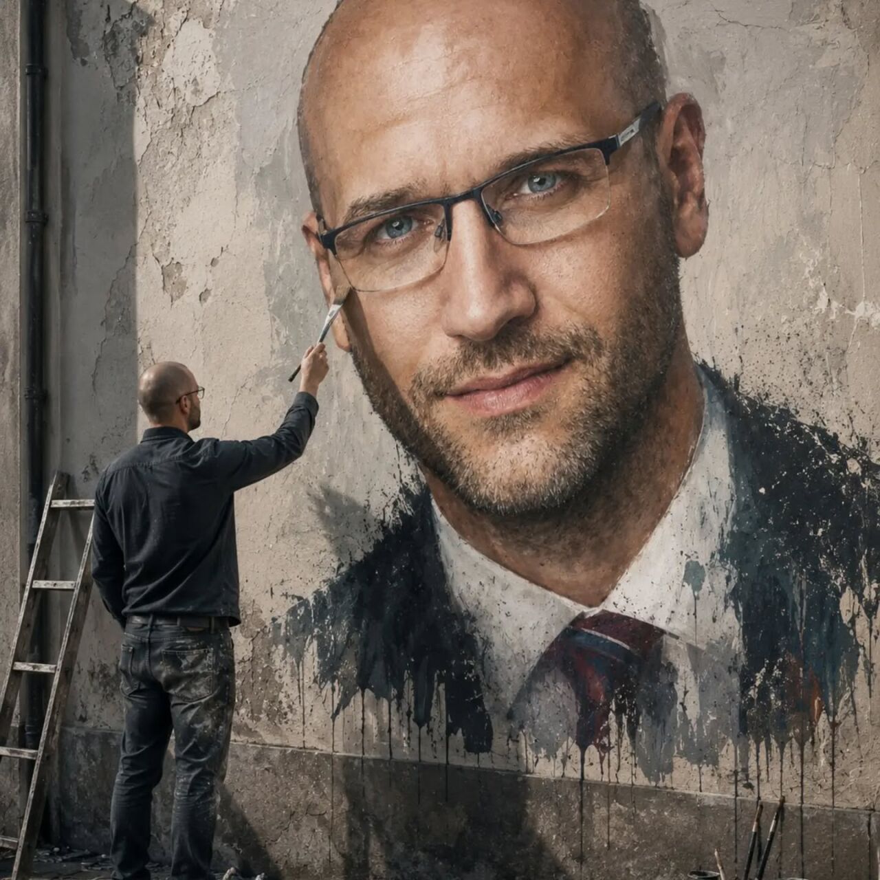 Künstler bei der Arbeit an einem Wandbild eines Mannes mit Brille in Berlin.