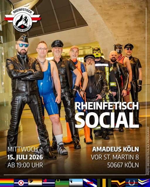 Gruppenfoto bei Rheinfetisch Social mit Dirk Bachhausen am 15. Juli 2026 in Köln.
