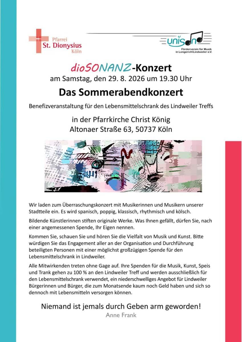 Einladung zum Sommerabendkonzert in Köln mit Musik und Kunst im Pfarrgarten.