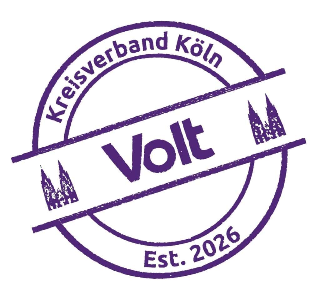 Logo des Kreisverbands Köln Volt, gegründet 2016, in lila Farbe.