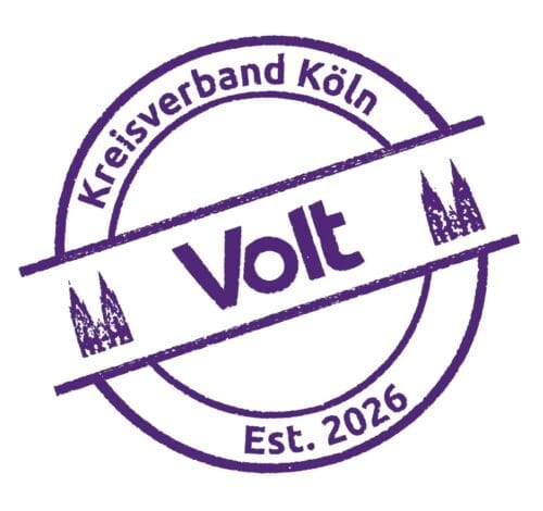 Logo des Kreisverbands Köln Volt, gegründet 2016, in lila Farbe.
