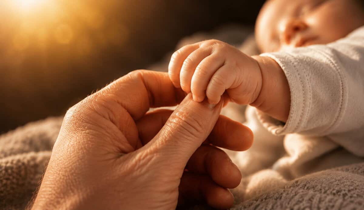 Vater hält zarte Babyhand im warmen Sonnenlicht.