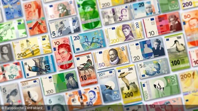 Verschiedene Euro-Banknoten in unterschiedlichen Werten und Designs.
