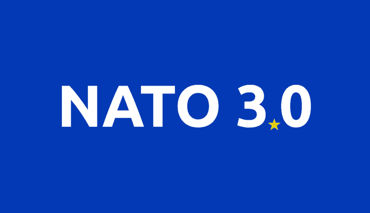 NATO 3.0 Logo auf blauem Hintergrund, Fokus auf europäische Verteidigung.
