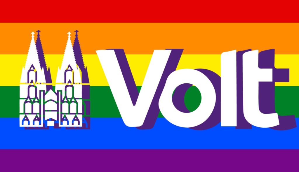 Volt Köln Logo auf Regenbogenflagge für Solidarität mit queerer Community.