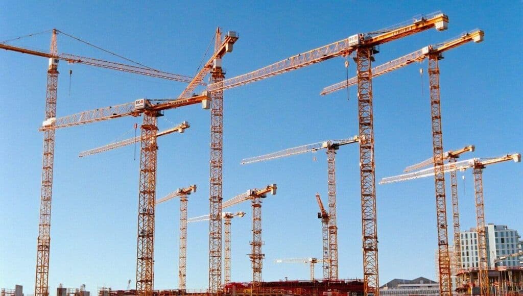Mehrere Baukräne auf einer Baustelle in der Stadt bei klarem Himmel.
