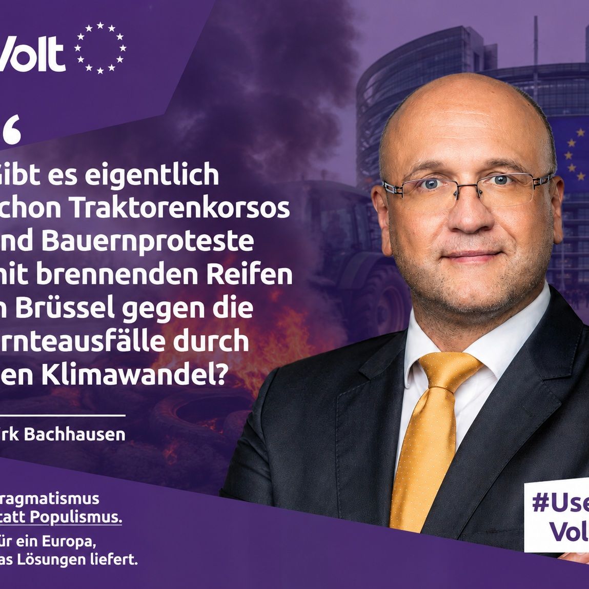 Porträt von Dirk Bachhausen bei Klimawandel-Diskussion vor EU-Gebäuden.