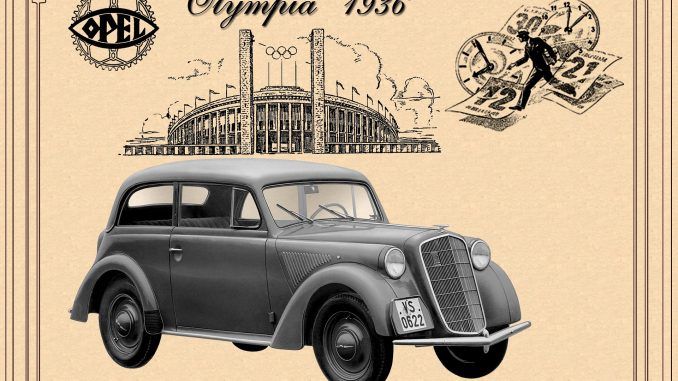 Alter Opel Wagen vor Olympia 1936 mit Stadion im Hintergrund.
