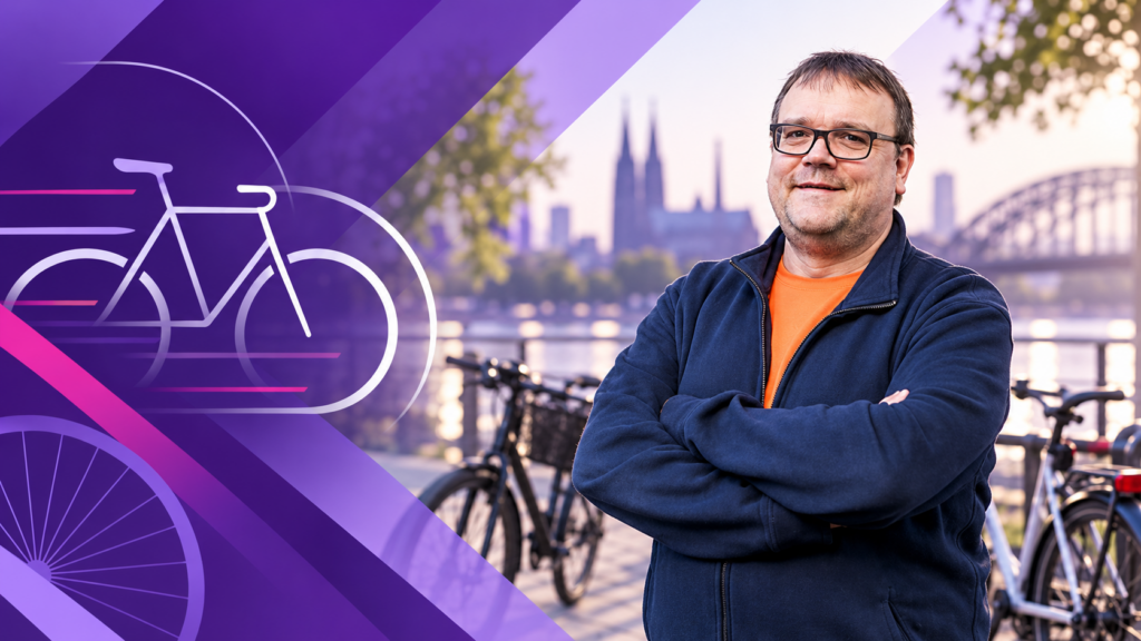 Dirk Bachhausen vor Kölns Skyline und Fahrrädern am Fluss.