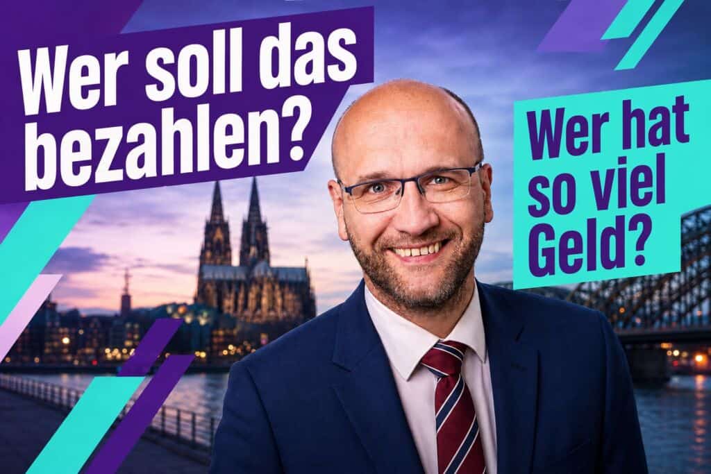 Dirk Bachhausen vor Kölner Dom bei einer Diskussion über Finanzen.
