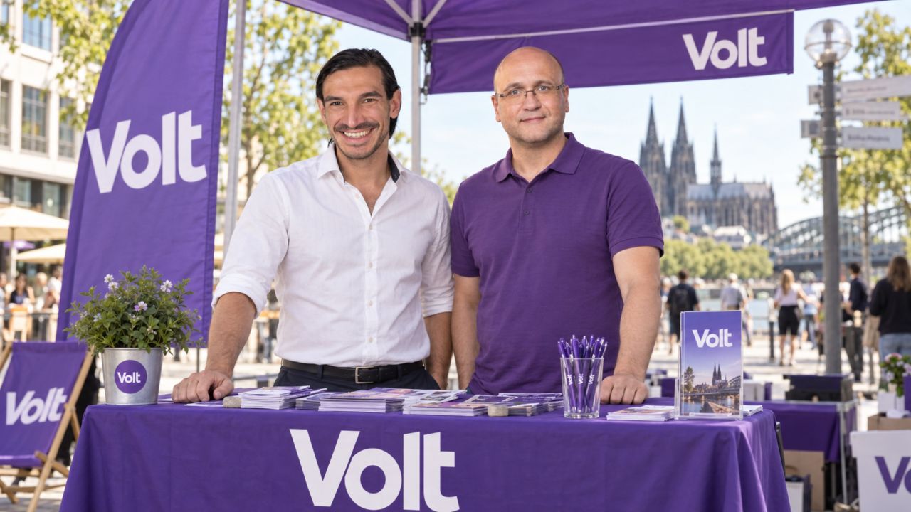 Zwei Männer am Volt-Infostand bei einer Veranstaltung in der Stadt.