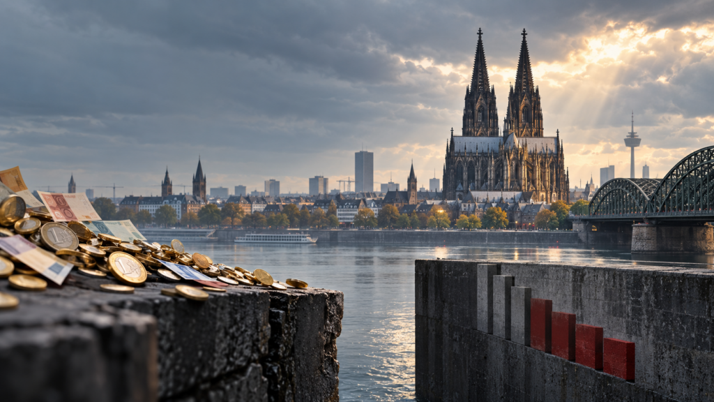 Kölner Dom und Rhein bei Sonnenuntergang, Stadtansicht.