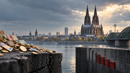Kölner Dom und Rhein bei Sonnenuntergang, Stadtansicht.