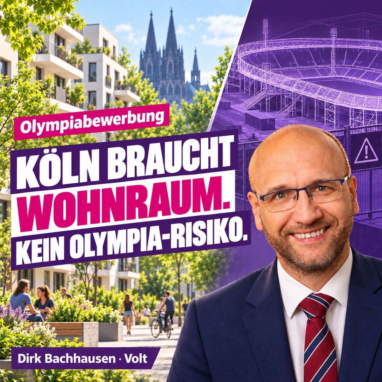 Dirk Bachhausen setzt sich für mehr Wohnraum in Köln ein, gegen Olympia-Risiko.