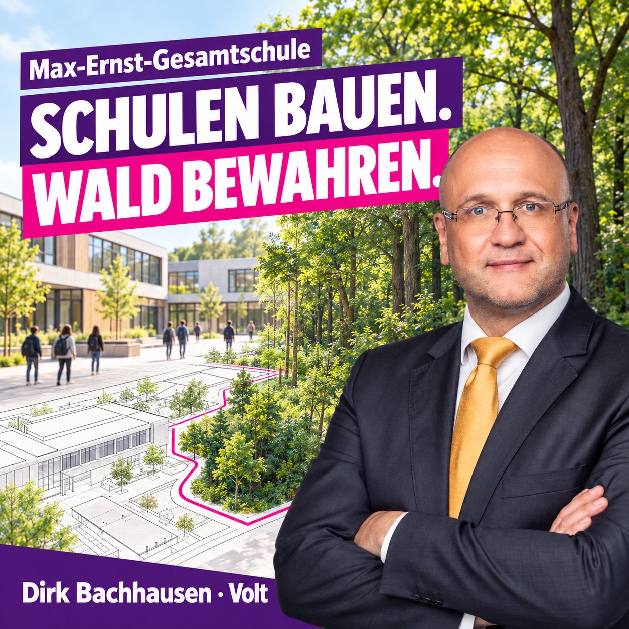 Dirk Bachhausen vor Schulgebäude mit Wald im Hintergrund, für nachhaltigen Schulbau.