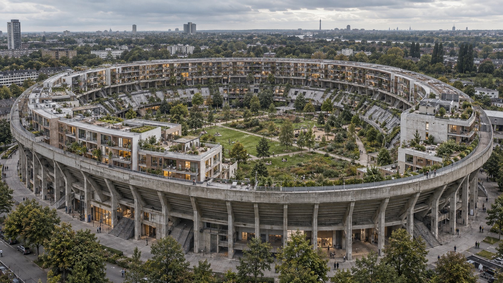 Rundes Wohngebäude mit begrüntem Innenhof und Stadt im Hintergrund.