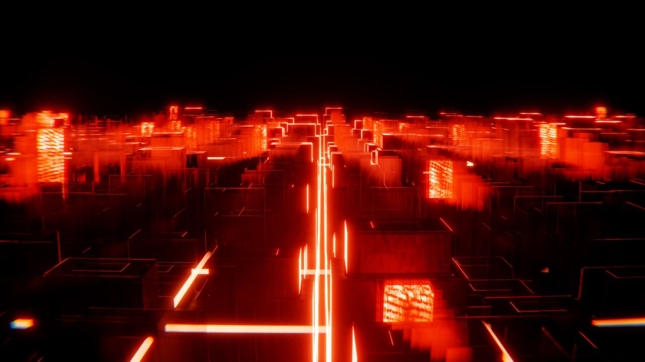 Futuristische Stadtansicht bei Nacht mit leuchtenden Linien und Gebäuden.