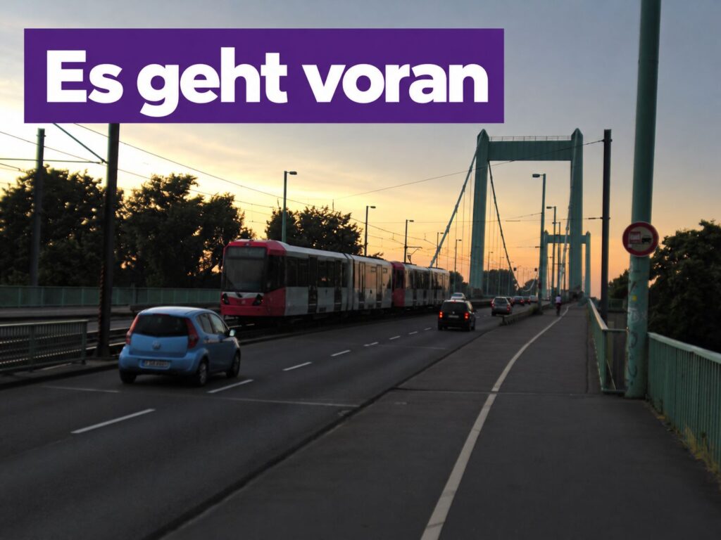 Straßenbahn, Autos und Brücke bei Sonnenuntergang in Mülheim.