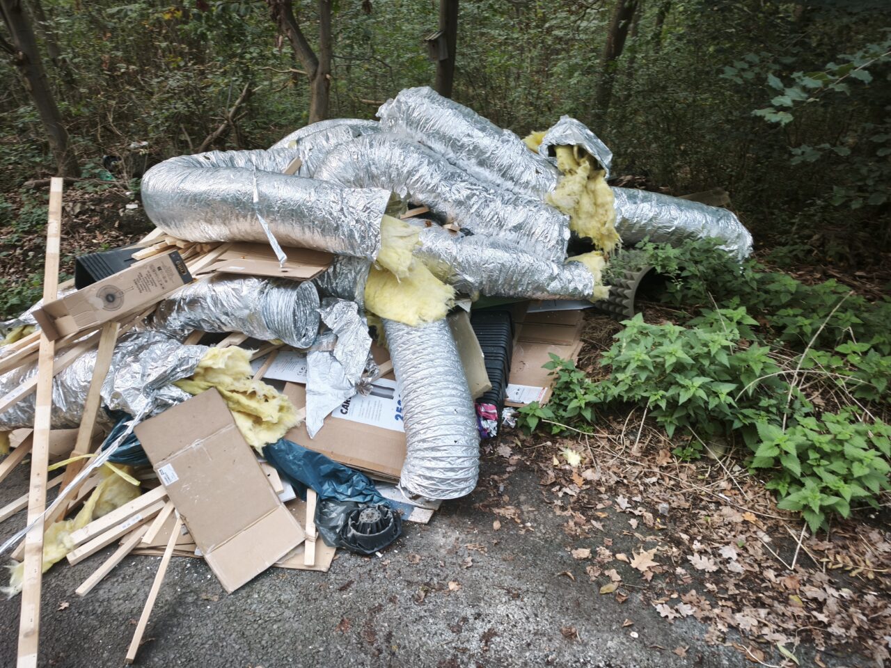 Illegale Müllablagerung mit Verpackungen, Dämmmaterial und Kartons im Wald.