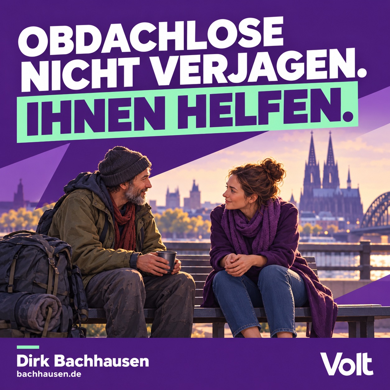 Obdachlose auf der Brücke in Köln, Unterstützung und Hilfe.