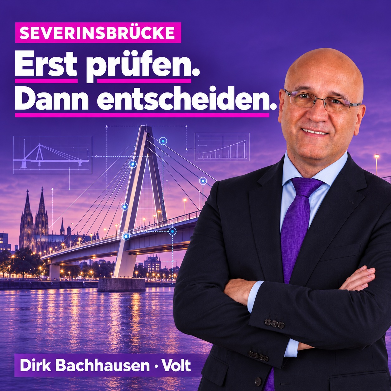 Dirk Bachhausen vor der Severinsbrücke bei Nacht, mit Stadt- und Brückenlichtern im Hintergrund.