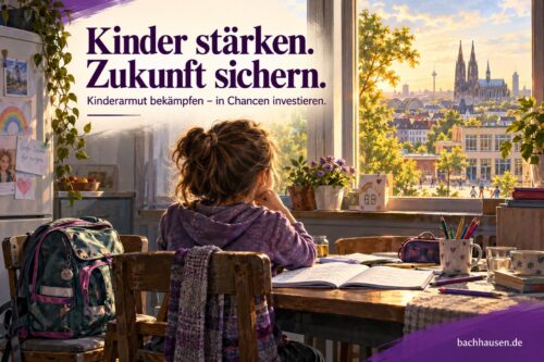 Mädchen schaut aus dem Fenster mit Blick auf die Stadt und Kathedrale.