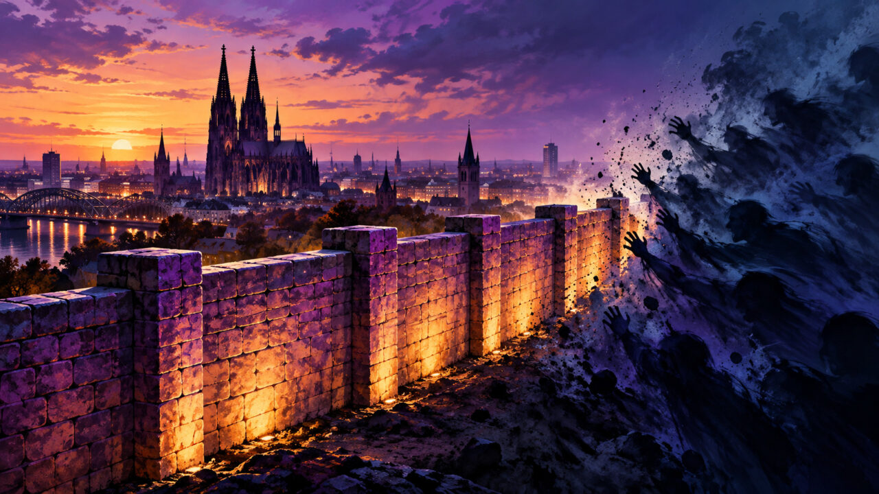 Kölner Dom und Stadt bei Sonnenuntergang mit Stadtmauer im Vordergrund.