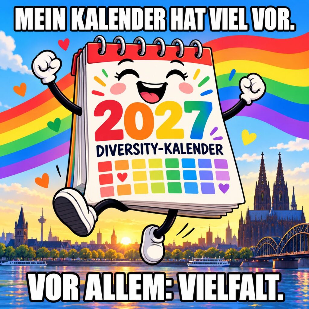 Bunter Diversity-Kalender 2027 vor Skyline mit Regenbogenfarben und Spruch Vor allem: Vielfältigkeit.