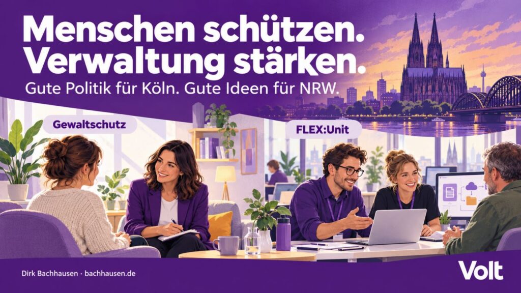 Menschen bei einer Diskussion in einem modernen Büro mit Blick auf Köln.