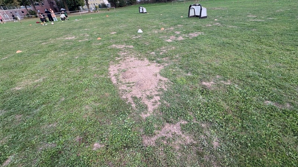 Der Fußballplatz in Roggendorf mit beschädigtem Rasen und Dellen.